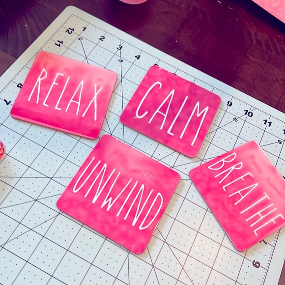 DolledUp Home- Relax Unwind Breathe Calm Coaster Set- 4 Coasters with stand - Picture 2 of 3